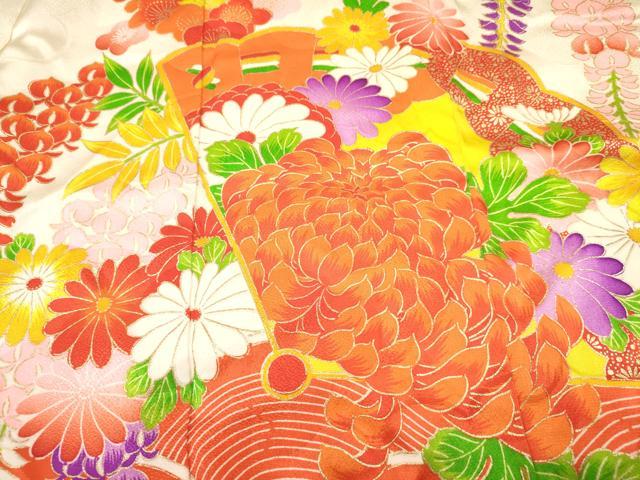 平和屋着物[]七五三　女の子　３歳　祝着　三つ身　駒刺繍　絞り　乱菊　檜扇花文　金彩　逸品　DABE7039ma