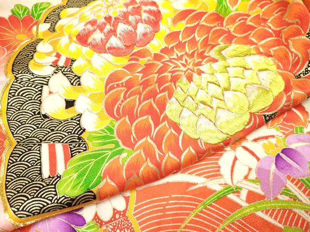 平和屋着物[]七五三　女の子　３歳　祝着　三つ身　駒刺繍　絞り　乱菊　檜扇花文　金彩　逸品　DABE7039ma