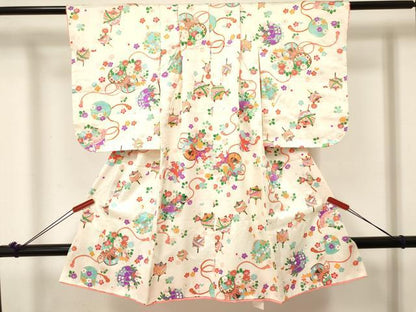 平和屋着物[]七五三　女の子　３歳　祝着　三つ身　糸車　鼓花文　金彩　逸品　DABE7044ma