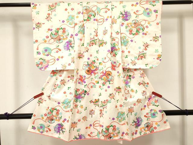 平和屋着物[]七五三　女の子　３歳　祝着　三つ身　糸車　鼓花文　金彩　逸品　DABE7044ma