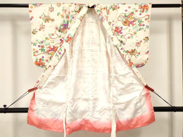 平和屋着物[]七五三　女の子　３歳　祝着　三つ身　糸車　鼓花文　金彩　逸品　DABE7044ma