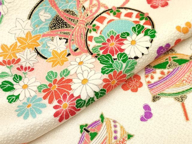 平和屋着物[]七五三　女の子　３歳　祝着　三つ身　糸車　鼓花文　金彩　逸品　DABE7044ma