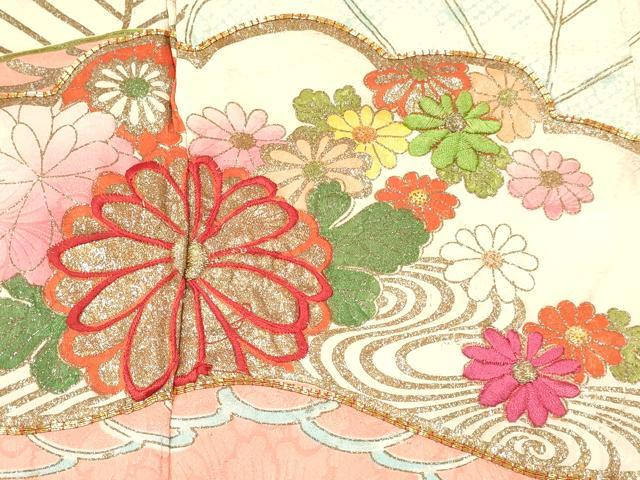 平和屋着物[]七五三　女の子　３歳　祝着　三つ身　駒刺繍　松取り流水花文　金銀彩　逸品　DABE7045ma