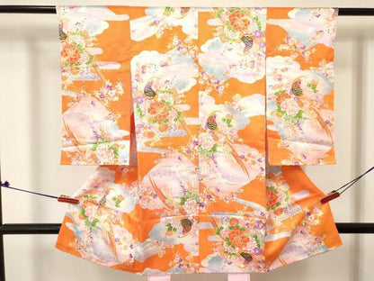 平和屋着物[]お宮参り　女の子　祝着　産着　初着　のしめ　風景花鳥文　金彩　洗える着物　DABE7047ma