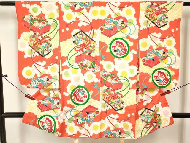 平和屋着物[]七五三　女の子　３歳　祝着　三つ身　花文箱　舞蝶丸文　金彩　逸品　DABE7048ma
