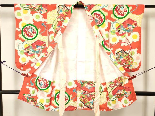 平和屋着物[]七五三　女の子　３歳　祝着　三つ身　花文箱　舞蝶丸文　金彩　逸品　DABE7048ma