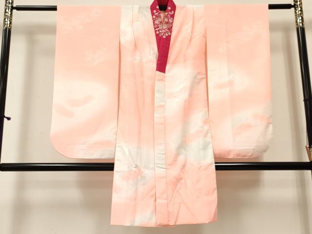 平和屋着物[]女の子　子供　長襦袢　無双仕立て　扇面花地紋　暈し染め　半衿刺繍　洗える着物　DABE7052ma