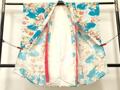平和屋着物[]アンティーク　大正ロマン　七五三　女の子　３歳　祝着　三つ身　単衣　渡し舟花文　逸品　DABE7053ma