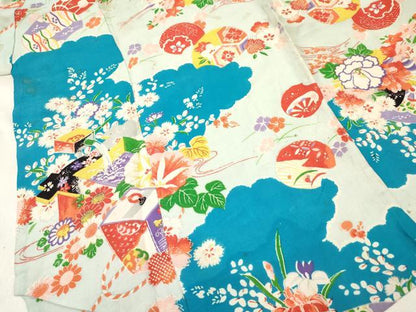 平和屋着物[]アンティーク　大正ロマン　七五三　女の子　３歳　祝着　三つ身　単衣　渡し舟花文　逸品　DABE7053ma
