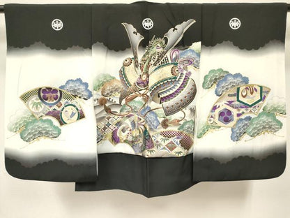 平和屋着物[]男の子　子供　羽織　龍　兜　地紙重ね飛鶴松文　暈し染め　金銀彩　逸品　DABE7054ma