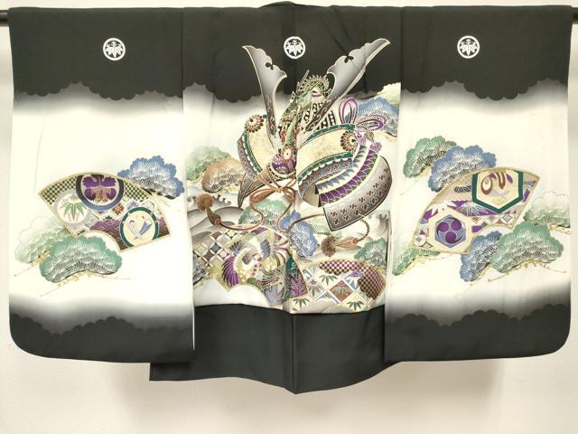 平和屋着物[]男の子 子供 羽織 龍 兜 地紙重ね飛鶴松文 暈し染め 金銀彩 逸品 DABE7054ma
