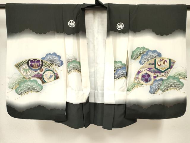 平和屋着物[]男の子　子供　羽織　龍　兜　地紙重ね飛鶴松文　暈し染め　金銀彩　逸品　DABE7054ma
