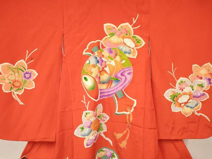 平和屋着物[]七五三　女の子　３歳　祝着　三つ身　打ち出の小槌　鼓鴛鴦花文　金彩　逸品　DABE7056ma