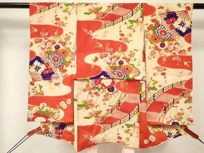 平和屋着物[]アンティーク　大正ロマン　七五三　女の子　３歳　祝着　三つ身　渡橋扇面花文　逸品　DABE7057ma