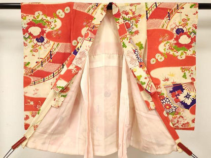 平和屋着物[]アンティーク　大正ロマン　七五三　女の子　３歳　祝着　三つ身　渡橋扇面花文　逸品　DABE7057ma