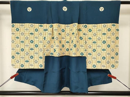 平和屋着物[]七五三　男の子　祝着・羽織セット　格子笹菊文　逸品　DABE7062ma