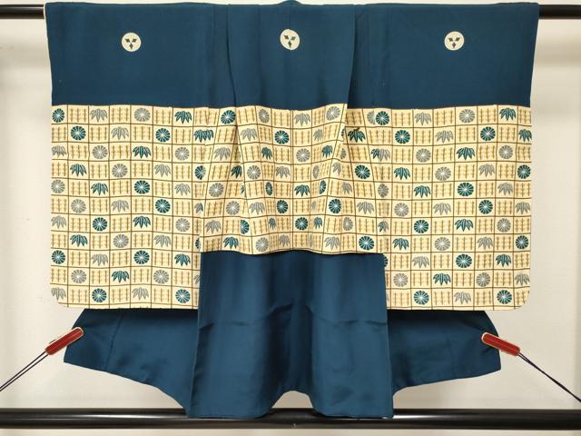 平和屋着物[]七五三　男の子　祝着・羽織セット　格子笹菊文　逸品　DABE7062ma