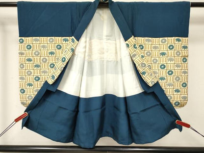 平和屋着物[]七五三　男の子　祝着・羽織セット　格子笹菊文　逸品　DABE7062ma