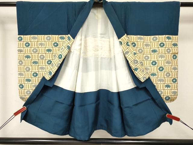 平和屋着物[]七五三　男の子　祝着・羽織セット　格子笹菊文　逸品　DABE7062ma