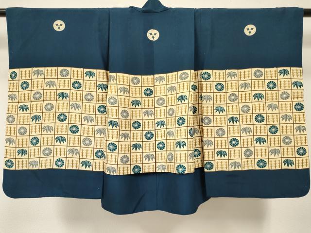 平和屋着物[]七五三　男の子　祝着・羽織セット　格子笹菊文　逸品　DABE7062ma