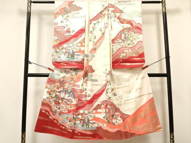 平和屋着物[]七五三　女の子　７歳　祝着　四つ身　御所車飛鶴花文　金銀彩　逸品　DABE7067ma