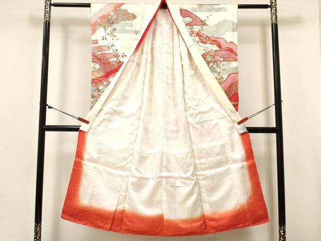 平和屋着物[]七五三　女の子　７歳　祝着　四つ身　御所車飛鶴花文　金銀彩　逸品　DABE7067ma