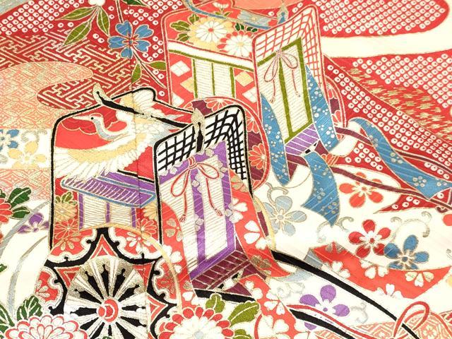平和屋着物[]七五三　女の子　７歳　祝着　四つ身　御所車飛鶴花文　金銀彩　逸品　DABE7067ma
