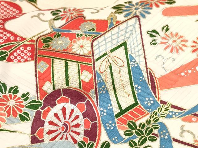 平和屋着物[]七五三　女の子　７歳　祝着　四つ身　御所車飛鶴花文　金銀彩　逸品　DABE7067ma