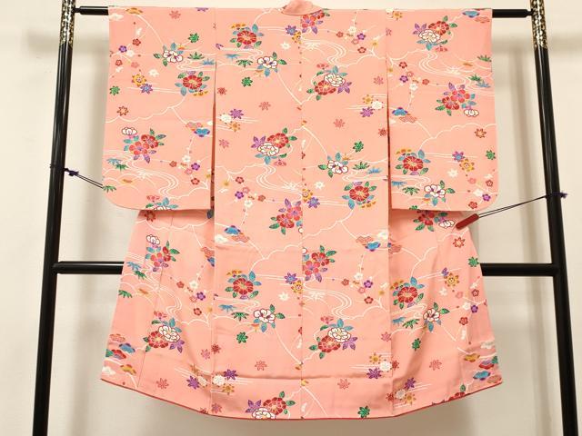 平和屋着物[]七五三　女の子　７歳　祝着　四つ身　型染　椿花文　逸品　DABE7069ma