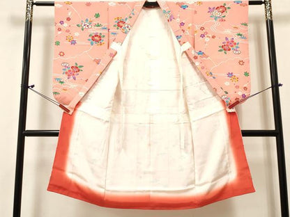 平和屋着物[]七五三　女の子　７歳　祝着　四つ身　型染　椿花文　逸品　DABE7069ma