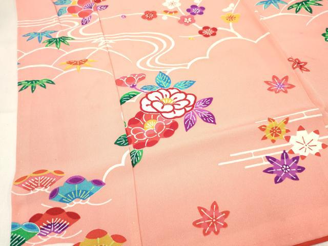 平和屋着物[]七五三　女の子　７歳　祝着　四つ身　型染　椿花文　逸品　DABE7069ma