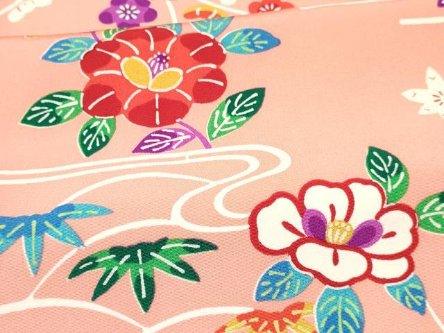 平和屋着物[]七五三　女の子　７歳　祝着　四つ身　型染　椿花文　逸品　DABE7069ma