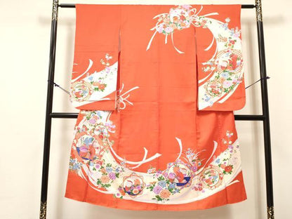 平和屋着物[]七五三　女の子　７歳　祝着　四つ身　駒刺繍　鴛鴦　花絵皿　金彩　逸品　DABE7070ma