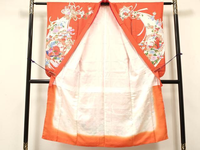 平和屋着物[]七五三　女の子　７歳　祝着　四つ身　駒刺繍　鴛鴦　花絵皿　金彩　逸品　DABE7070ma