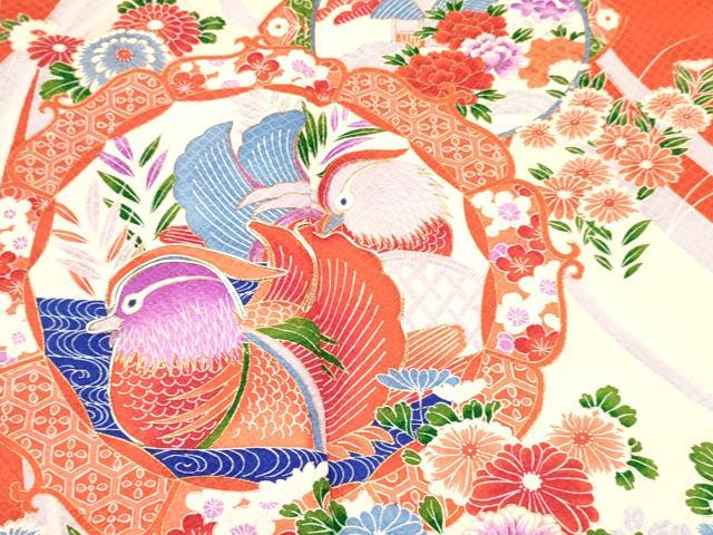 平和屋着物[]七五三　女の子　７歳　祝着　四つ身　駒刺繍　鴛鴦　花絵皿　金彩　逸品　DABE7070ma