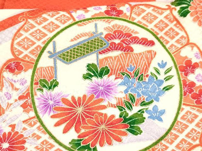 平和屋着物[]七五三　女の子　７歳　祝着　四つ身　駒刺繍　鴛鴦　花絵皿　金彩　逸品　DABE7070ma