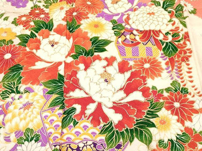 平和屋着物[]七五三 女の子 ７歳 祝着 四つ身 駒刺繍 陶器花文 金彩 逸品 DABE7071ma