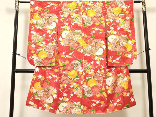 平和屋着物[]七五三　女の子　７歳　祝着　四つ身　檜扇貝桶花蝶文　金彩　逸品　DABE7073ma