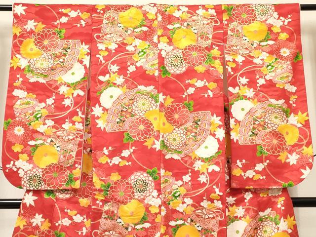 平和屋着物[]七五三　女の子　７歳　祝着　四つ身　檜扇貝桶花蝶文　金彩　逸品　DABE7073ma