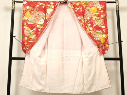 平和屋着物[]七五三　女の子　７歳　祝着　四つ身　檜扇貝桶花蝶文　金彩　逸品　DABE7073ma