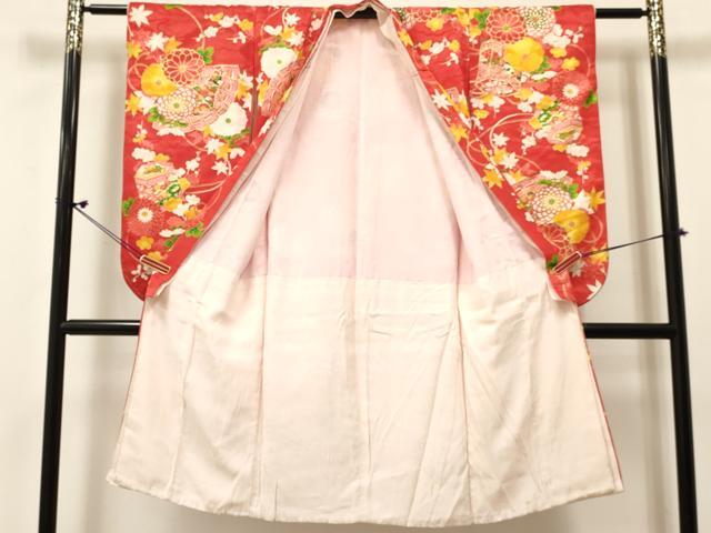 平和屋着物[]七五三　女の子　７歳　祝着　四つ身　檜扇貝桶花蝶文　金彩　逸品　DABE7073ma