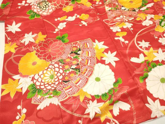 平和屋着物[]七五三　女の子　７歳　祝着　四つ身　檜扇貝桶花蝶文　金彩　逸品　DABE7073ma
