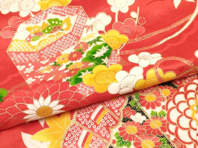 平和屋着物[]七五三　女の子　７歳　祝着　四つ身　檜扇貝桶花蝶文　金彩　逸品　DABE7073ma