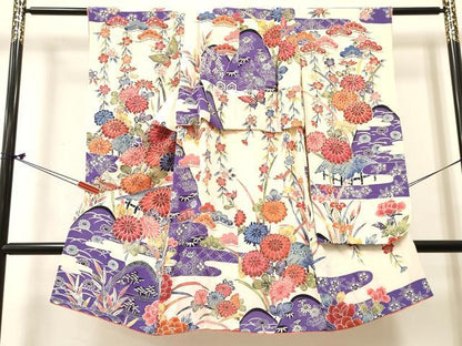 平和屋着物[]七五三　女の子　３歳　祝着　三つ身　型染　花蝶文　鬼しぼ縮緬　逸品　DABE7074ma
