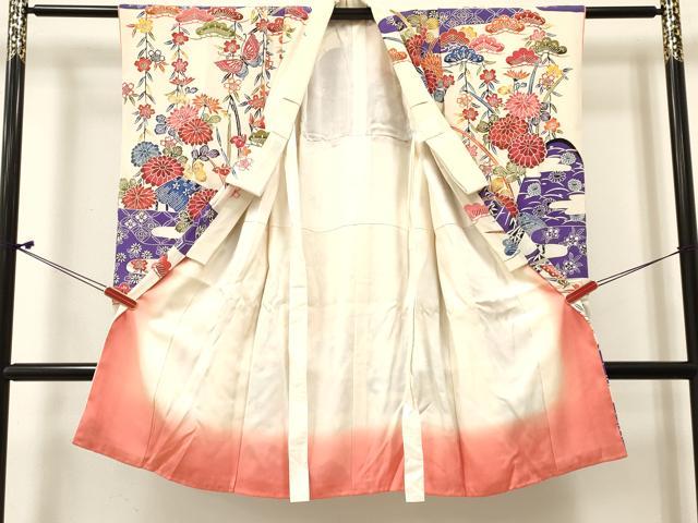 平和屋着物[]七五三　女の子　３歳　祝着　三つ身　型染　花蝶文　鬼しぼ縮緬　逸品　DABE7074ma