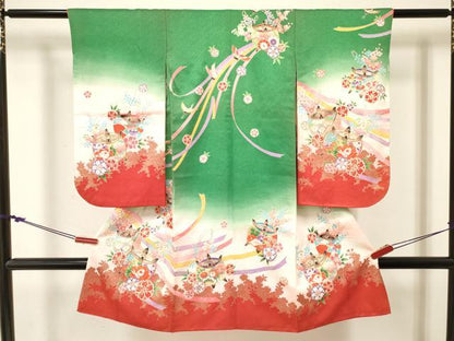 平和屋着物[]七五三　女の子　３歳　祝着　三つ身　糸車飛鶴花文　暈し染め　金彩　逸品　DABE7075ma