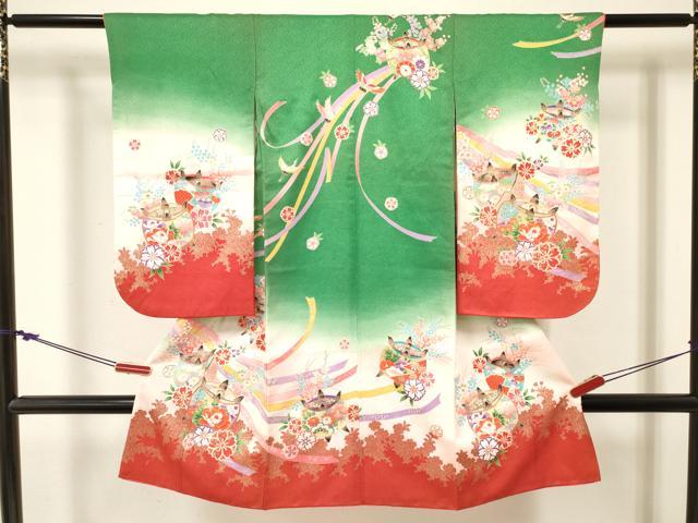 平和屋着物[]七五三 女の子 ３歳 祝着 三つ身 糸車飛鶴花文 暈し染め 金彩 逸品 DABE7075ma