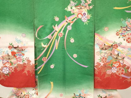 平和屋着物[]七五三 女の子 ３歳 祝着 三つ身 糸車飛鶴花文 暈し染め 金彩 逸品 DABE7075ma