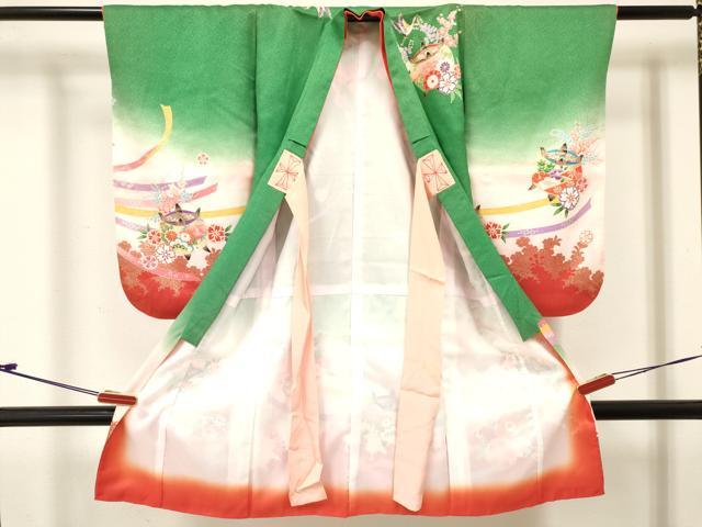 平和屋着物[]七五三　女の子　３歳　祝着　三つ身　糸車飛鶴花文　暈し染め　金彩　逸品　DABE7075ma