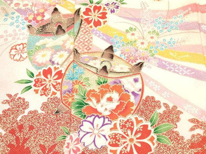 平和屋着物[]七五三　女の子　３歳　祝着　三つ身　糸車飛鶴花文　暈し染め　金彩　逸品　DABE7075ma